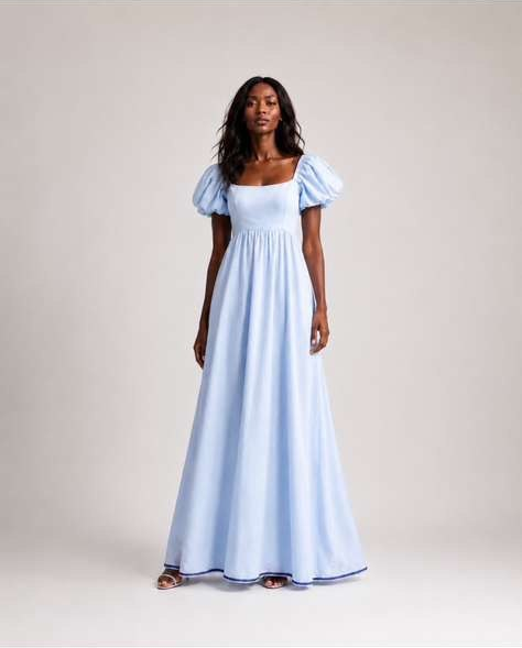 Pastel Blue Linen Embroidered Maxi Dress