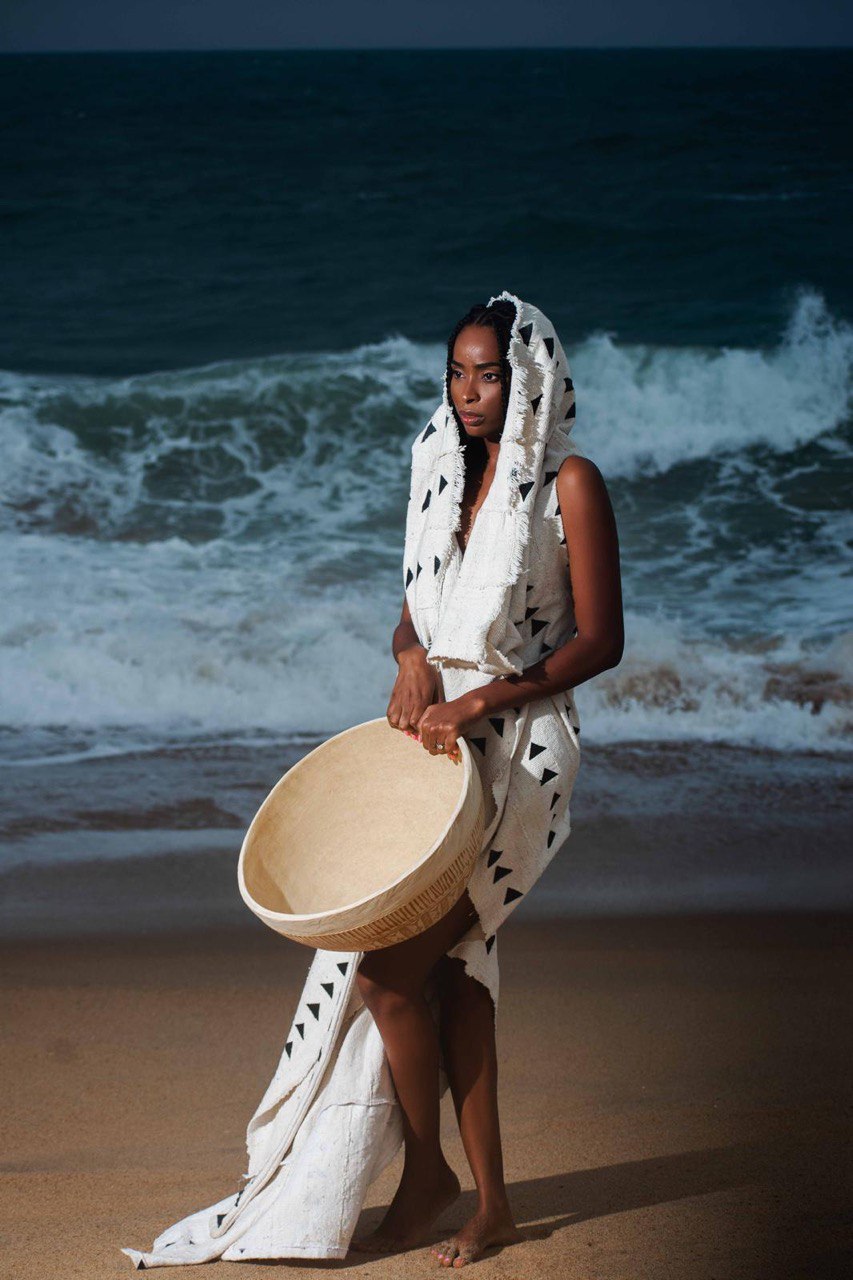 Bogolan artisan dress side view — contemporary African fashion — SAAHEL