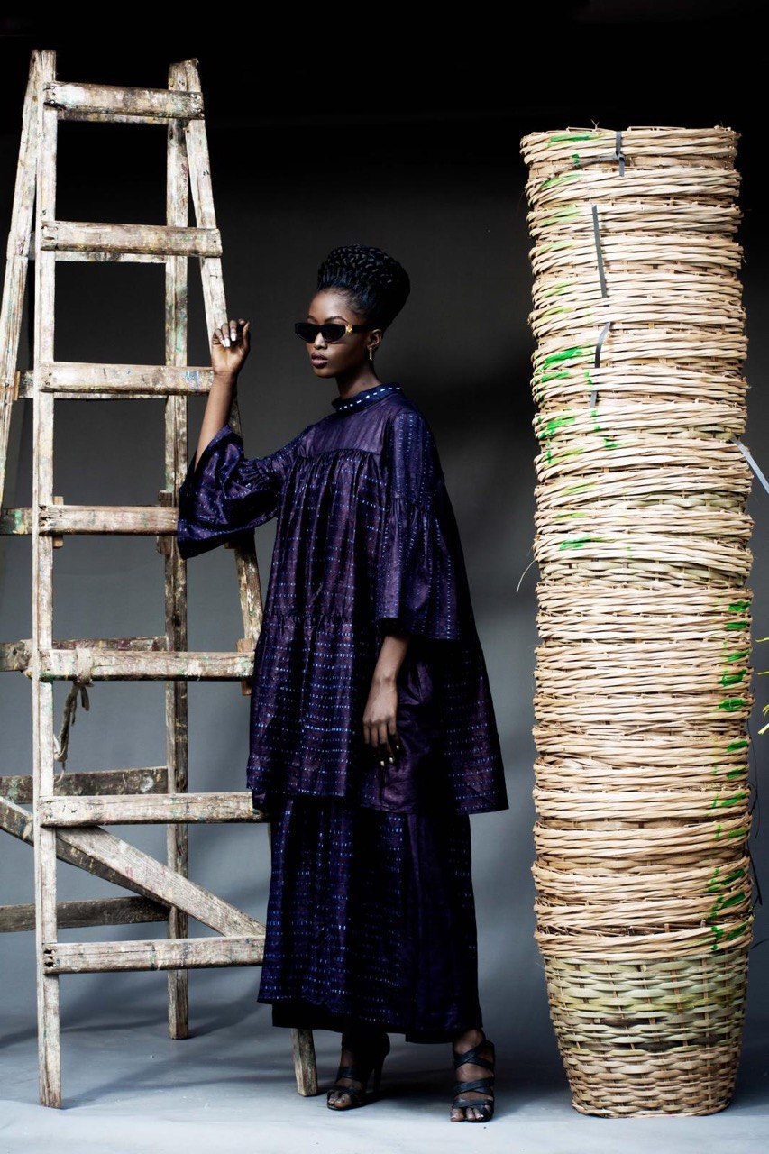 Indigo artisan dress side view — timeless contemporary fashion — SAAHEL