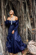 Artisanal dye off-shoulder flared dress — bold color womenswear — SAAHEL
