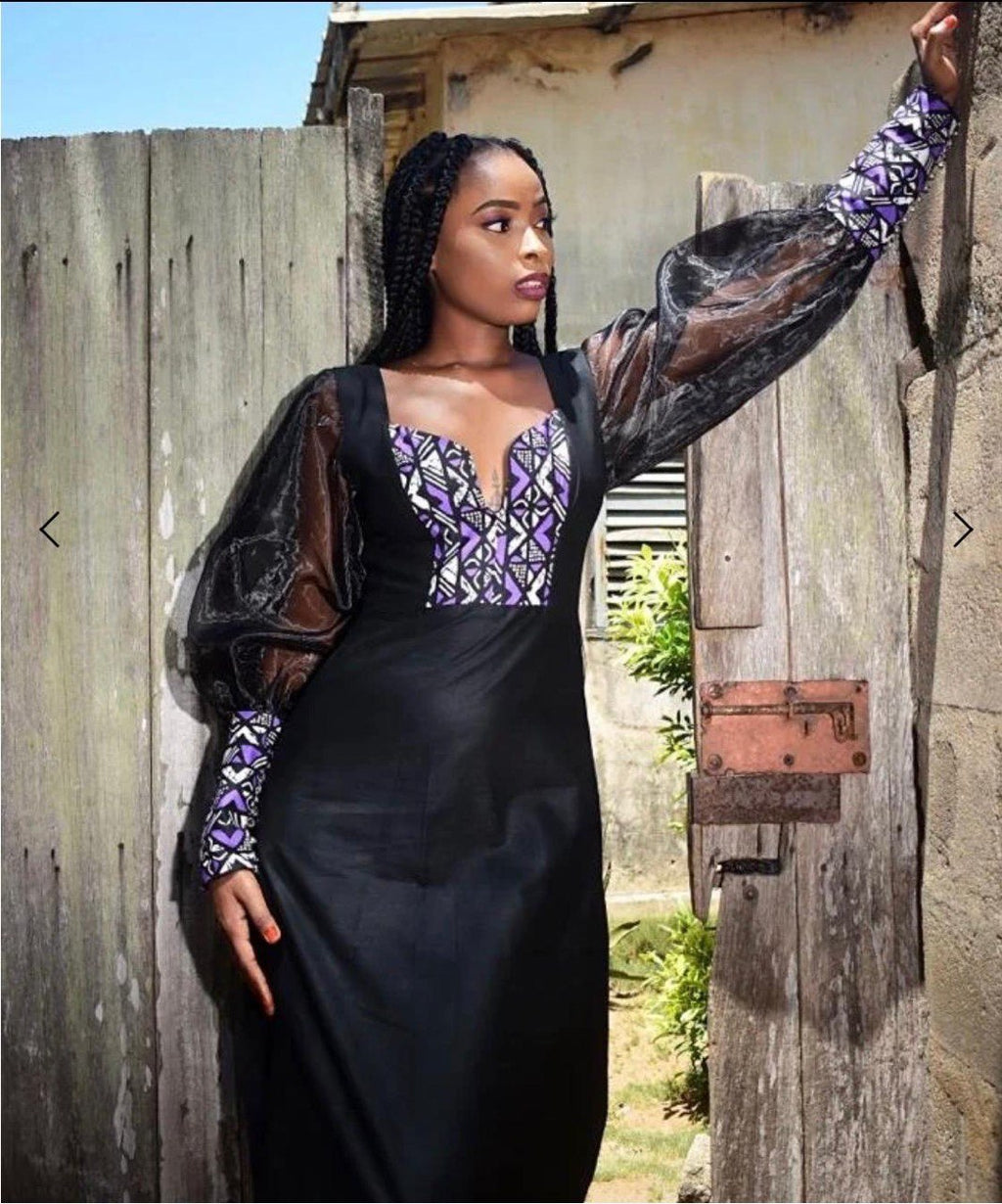 Black Woodin dress detail — elegant sheer sleeves — artisan fashion — SAAHEL