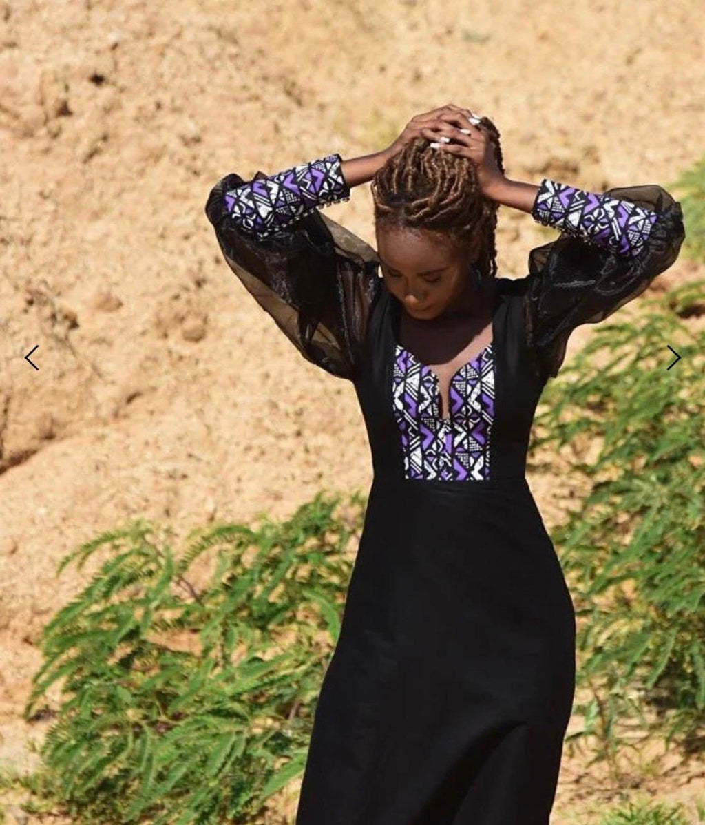 Woodin pattern black cotton dress with sheer sleeves — West African print — SAAHEL