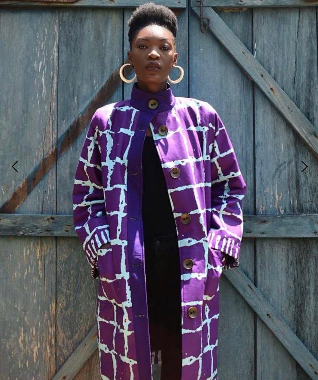 Purple Woodin coat detail — graphic print artisan outerwear — SAAHEL