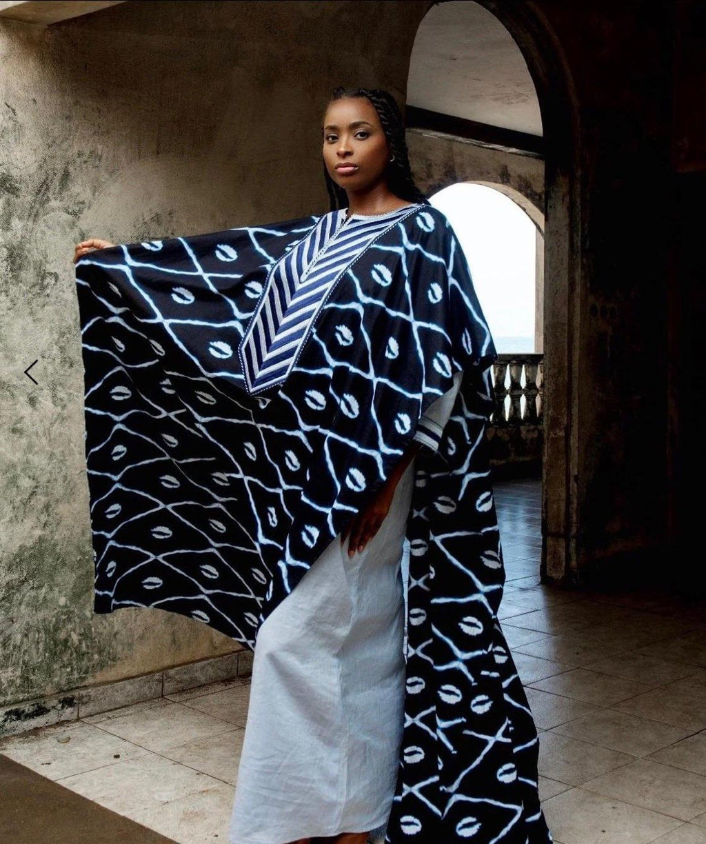 Dogon indigo overlay detail — long blue linen dress — artisan fashion — SAAHEL