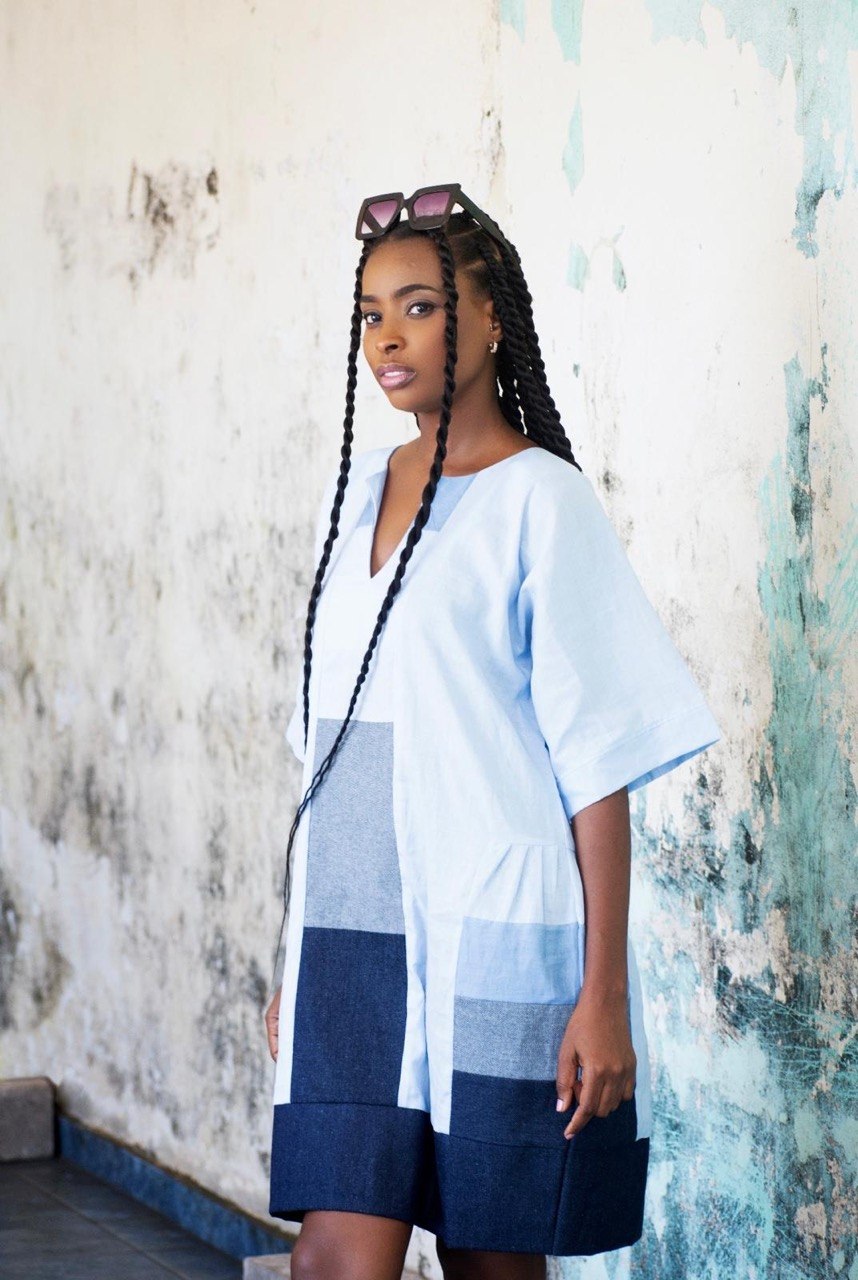 Patchwork Linen Geometric Relaxed Dress | SAAHEL