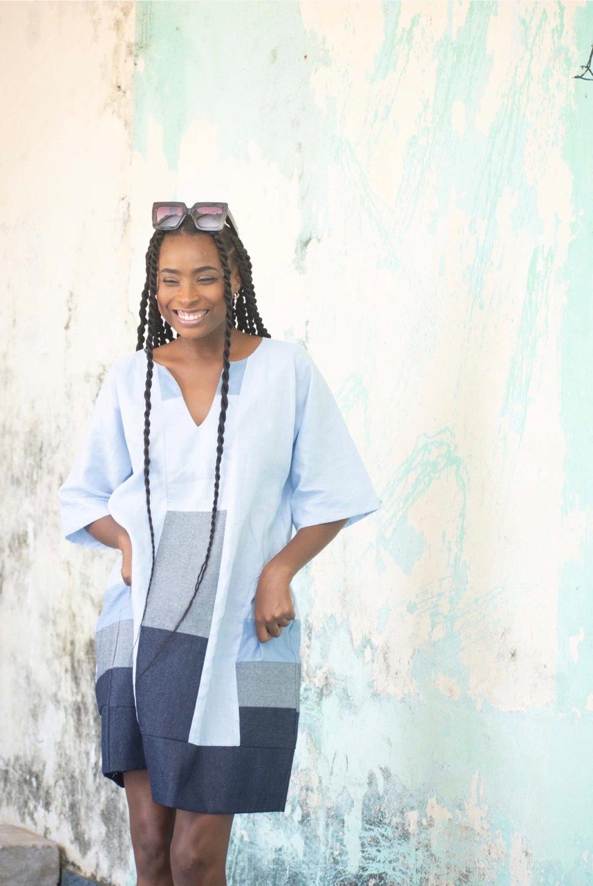 Patchwork Linen Geometric Relaxed Dress | SAAHEL