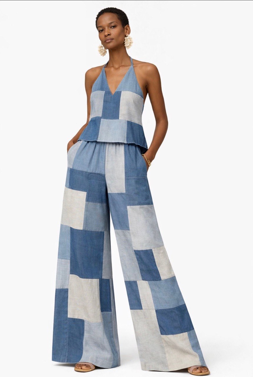 Indigo Patchwork Linen and Jean Halter Top & Wide-Leg Pant Set