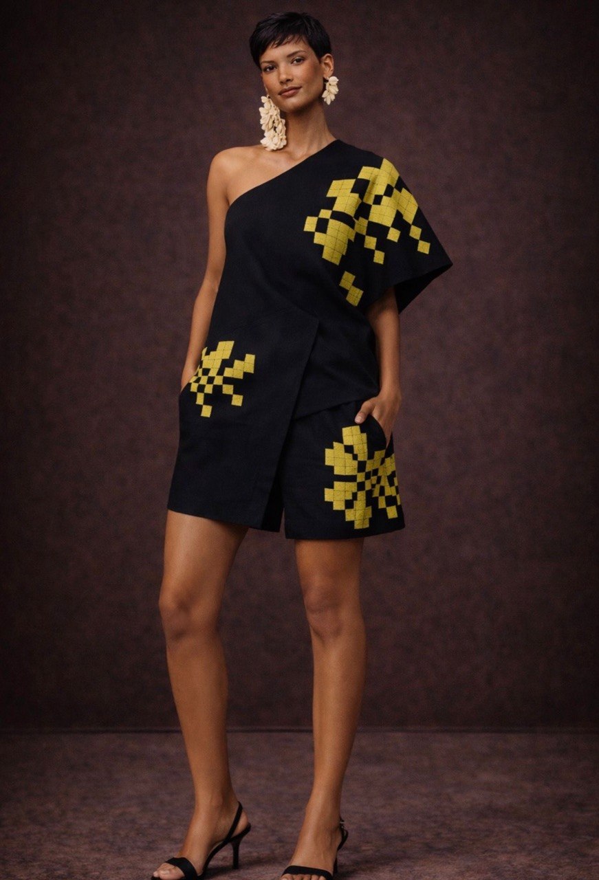 One-Shoulder Geometric Linen Mini Set | SAAHEL
