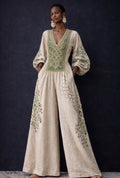 Beige & Pastel Green Embroidered Linen Set with Elongated Silhouette