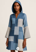 The Indigo Patchwork Linen and Jean Hooded A-Line Dress