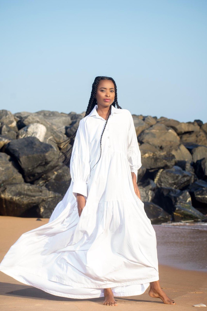 White Cotton Tiered Maxi Dress with Long Sleeves
