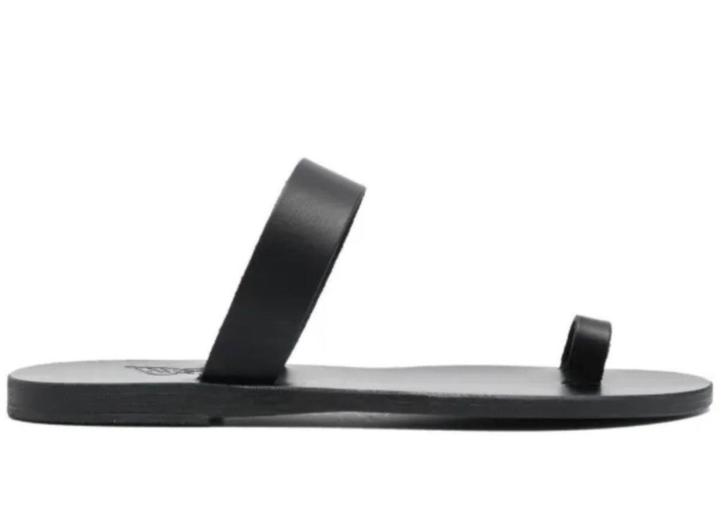 Modern Wide-Strap Flat Sandals in Black Leather | SAAHEL
