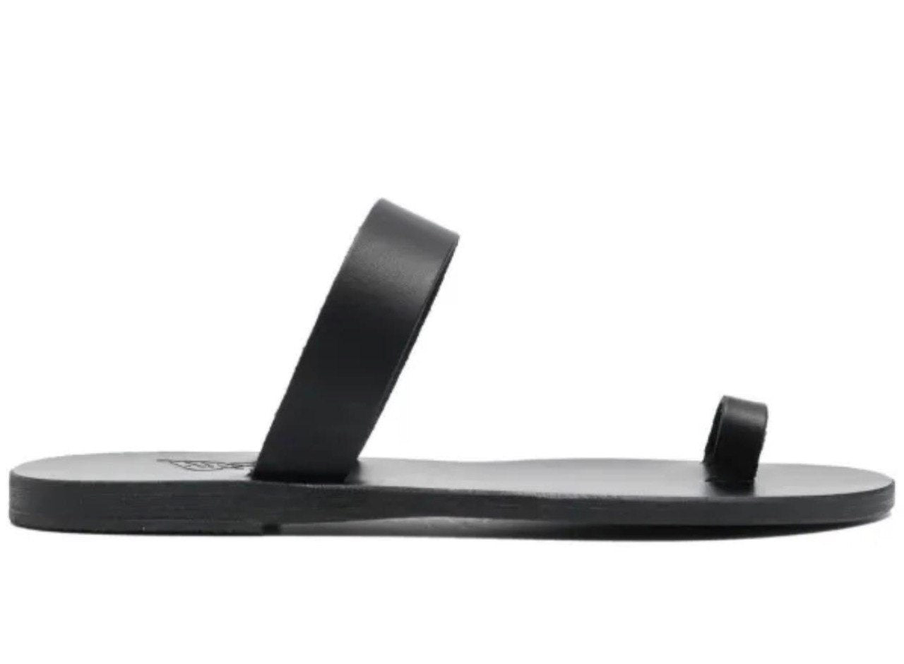 Modern Wide-Strap Flat Sandals in Black Leather | SAAHEL
