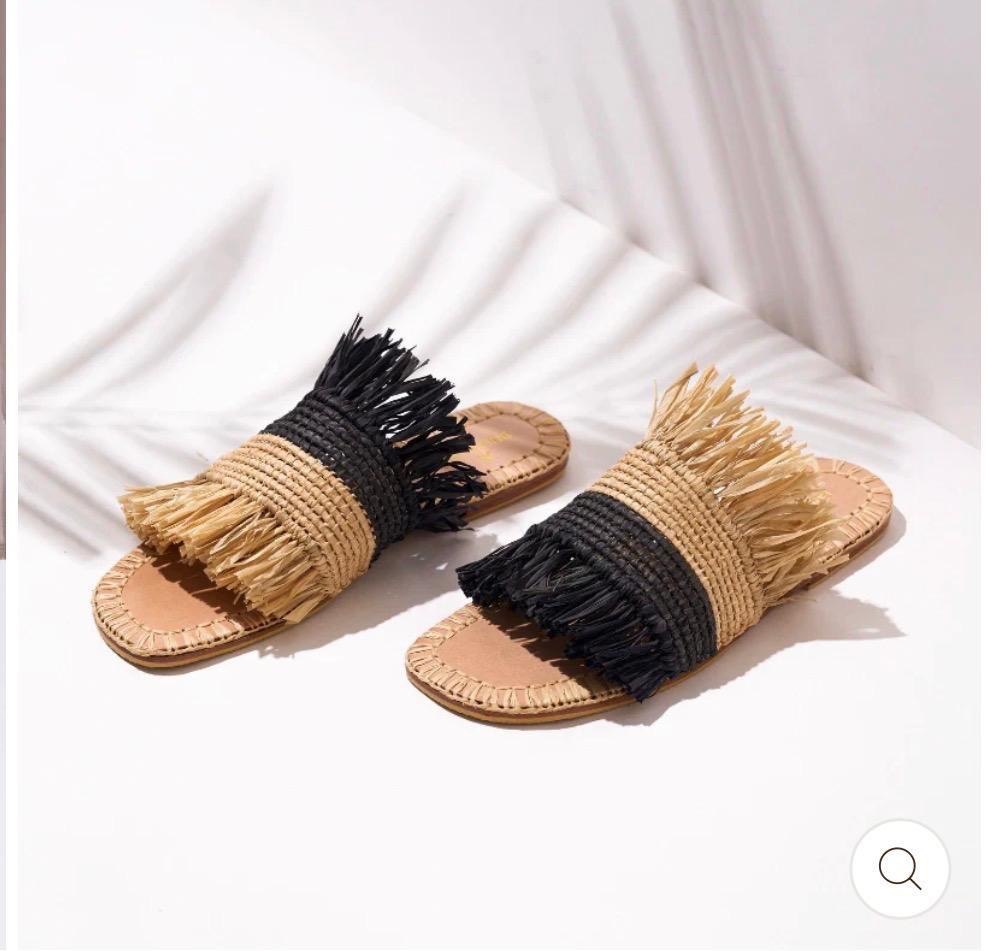 Olive Green Raffia Fringed Slide Sandals | SAAHEL
