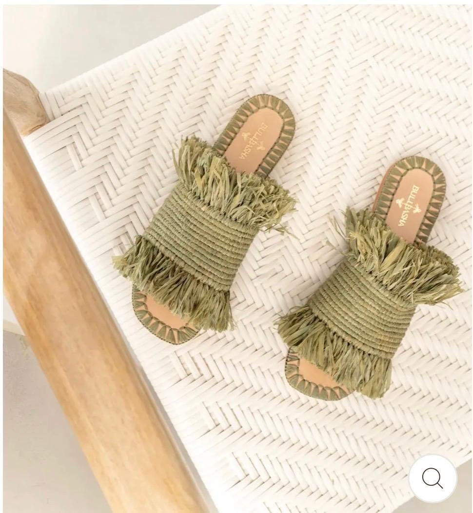 Olive Green Raffia Fringed Slide Sandals | SAAHEL

