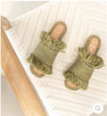 Olive Green Raffia Fringed Slide Sandals | SAAHEL
