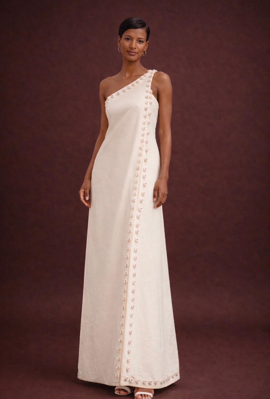 One-Shoulder Ivory Linen Gown with Shell Detail | SAAHEL

