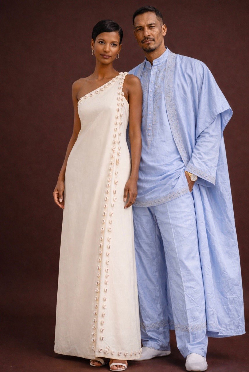 One-Shoulder Ivory Linen Gown with Shell Detail | SAAHEL
