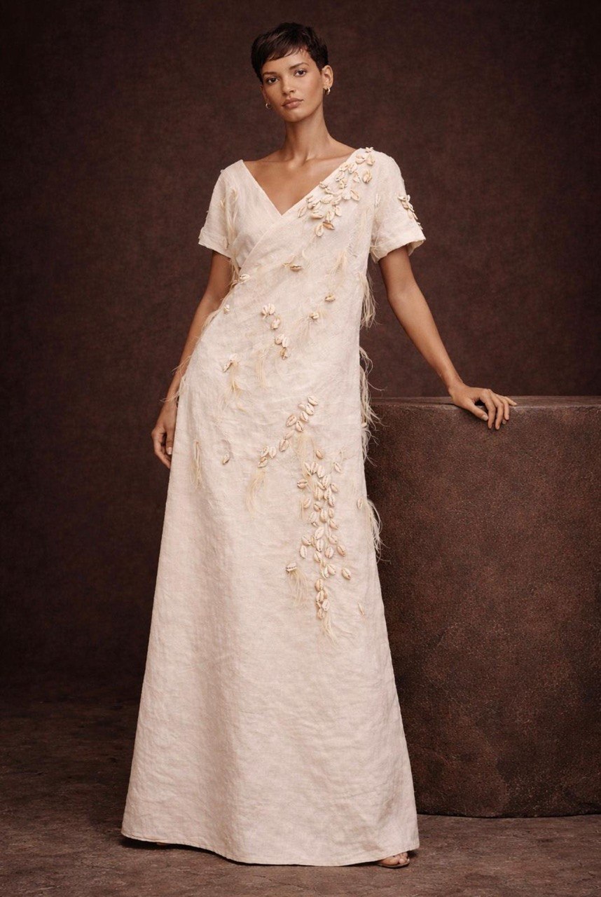 Hand-Placed Cowrie Shell Midi Dress | SAAHEL
