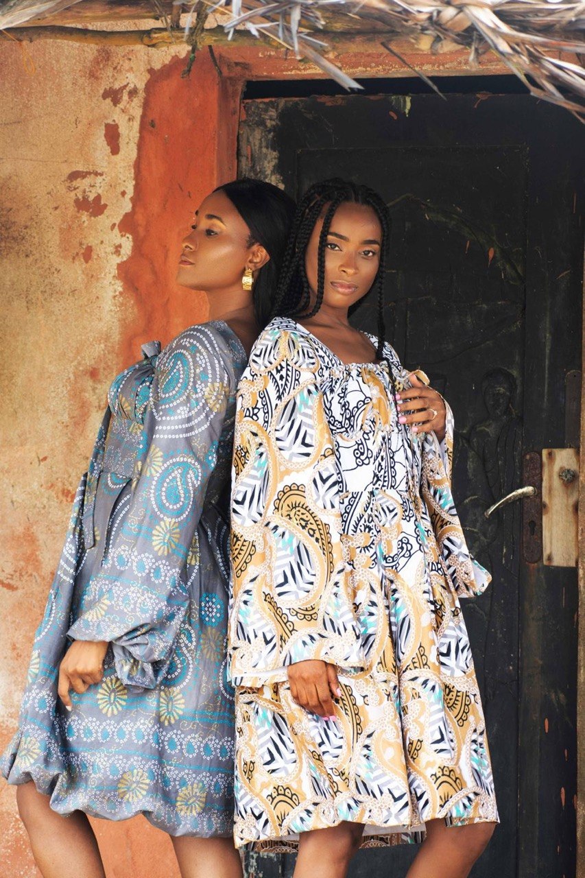Feminine Woodin mini dress full look — West African textile — SAAHEL