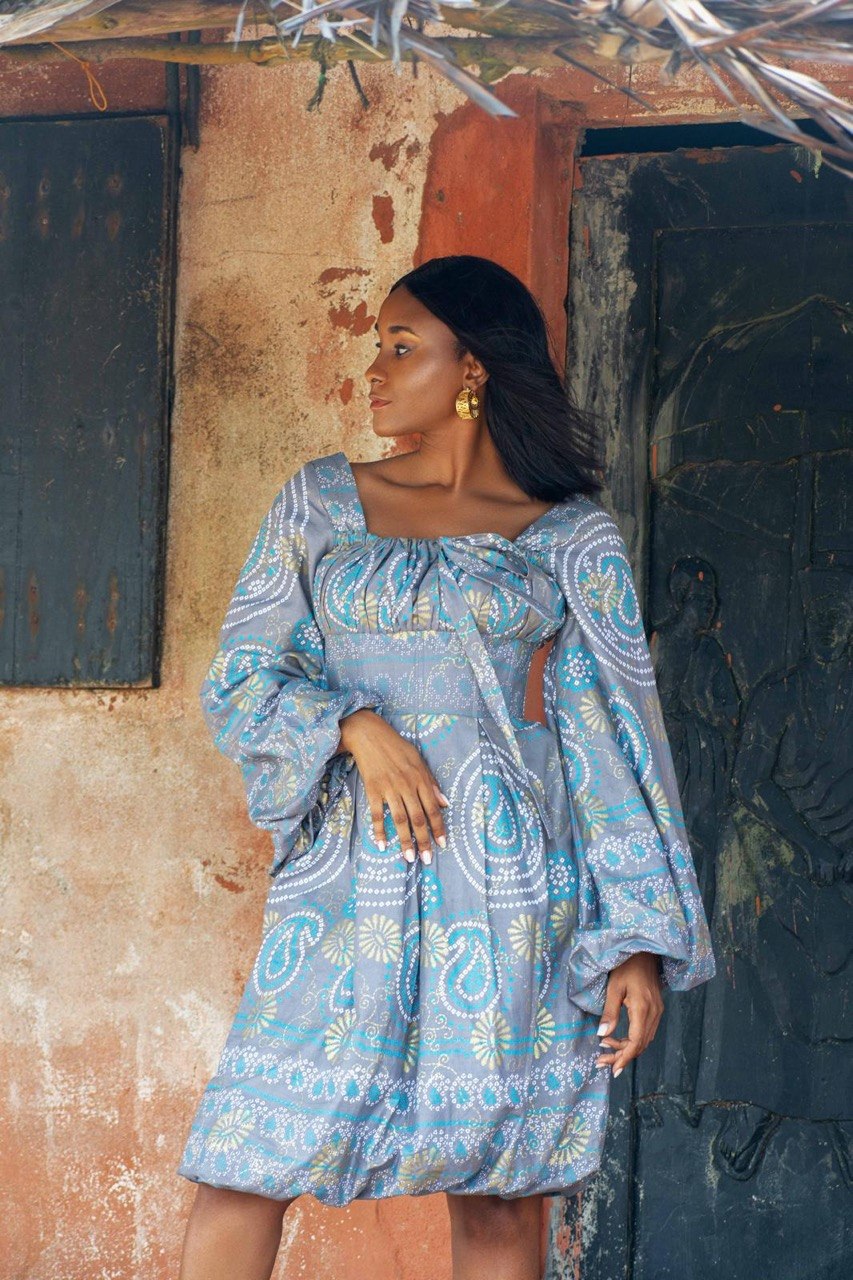 Feminine Woodin mini dress side view — colorful womenswear — SAAHEL