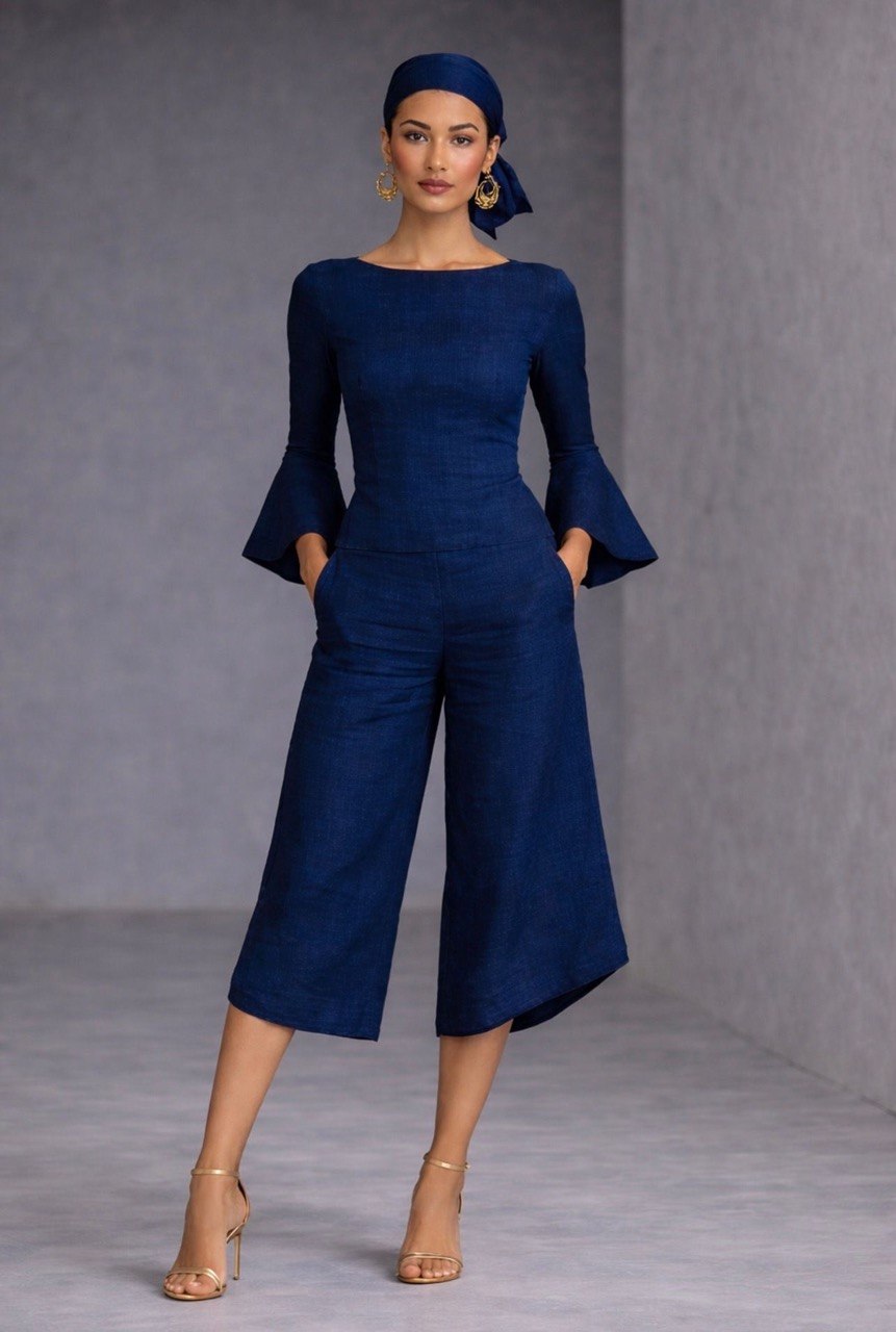 Fitted Indigo Set with Headscarf | SAAHEL
