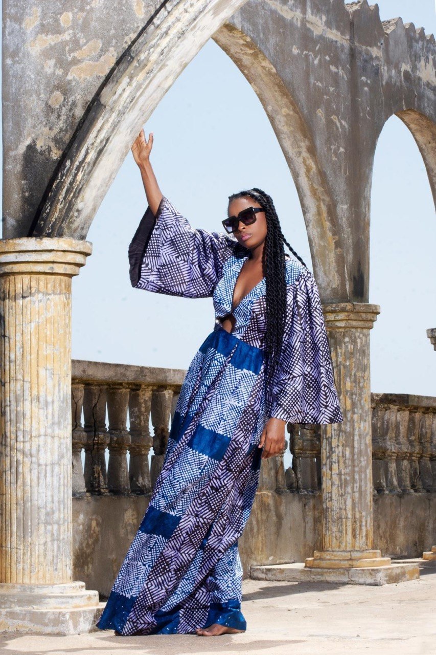 Indigo Patterned Wide-Sleeve Cut-Out Maxi Dress | SAAHEL

