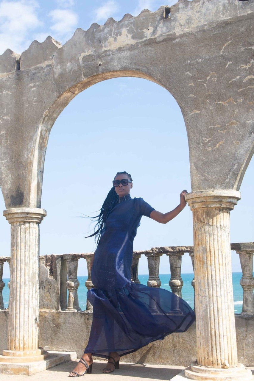Sheer Navy High-Neck Flowing Maxi Dress | SAAHEL
