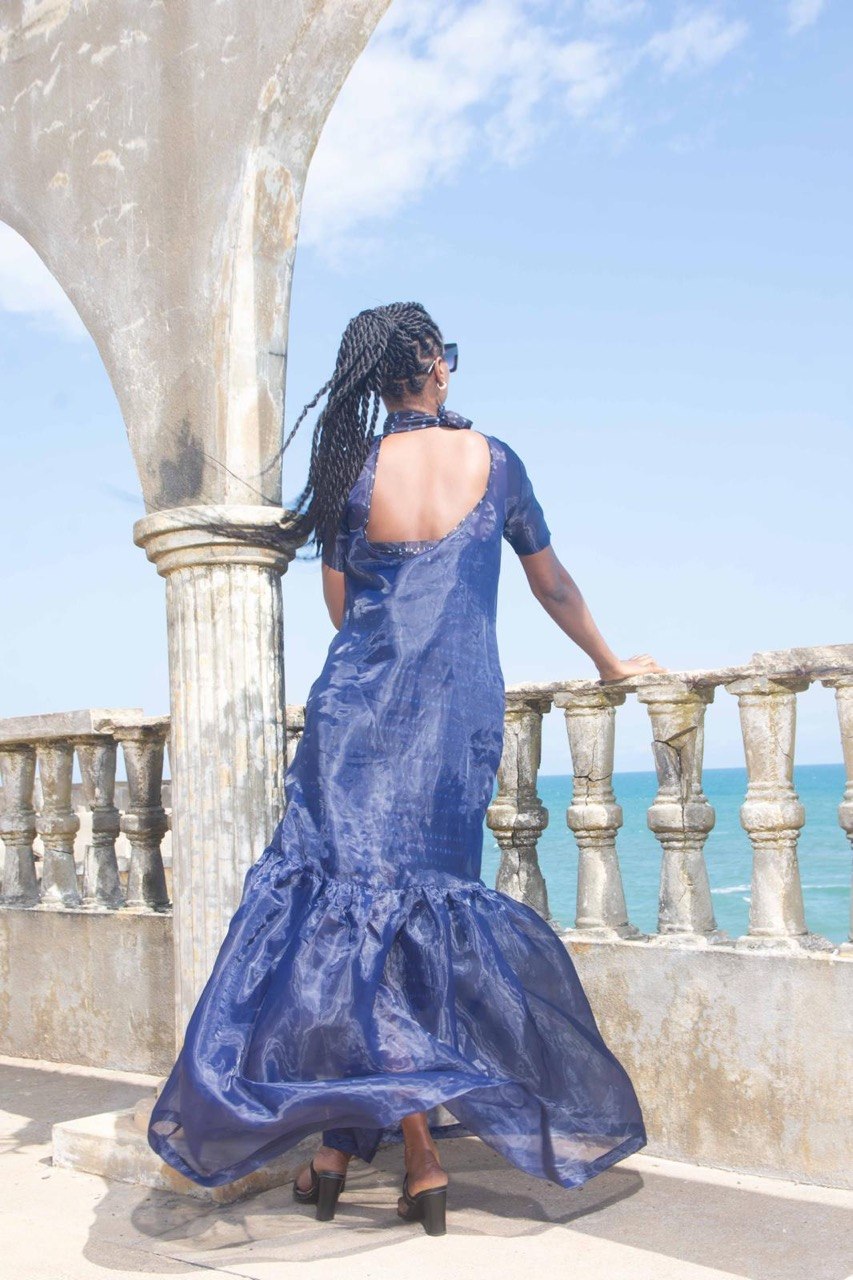 Sheer Navy High-Neck Flowing Maxi Dress | SAAHEL

