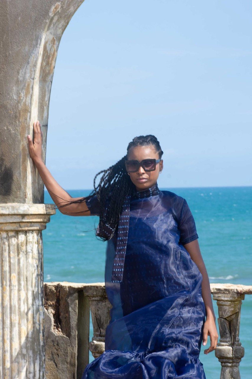Sheer Navy High-Neck Flowing Maxi Dress | SAAHEL
