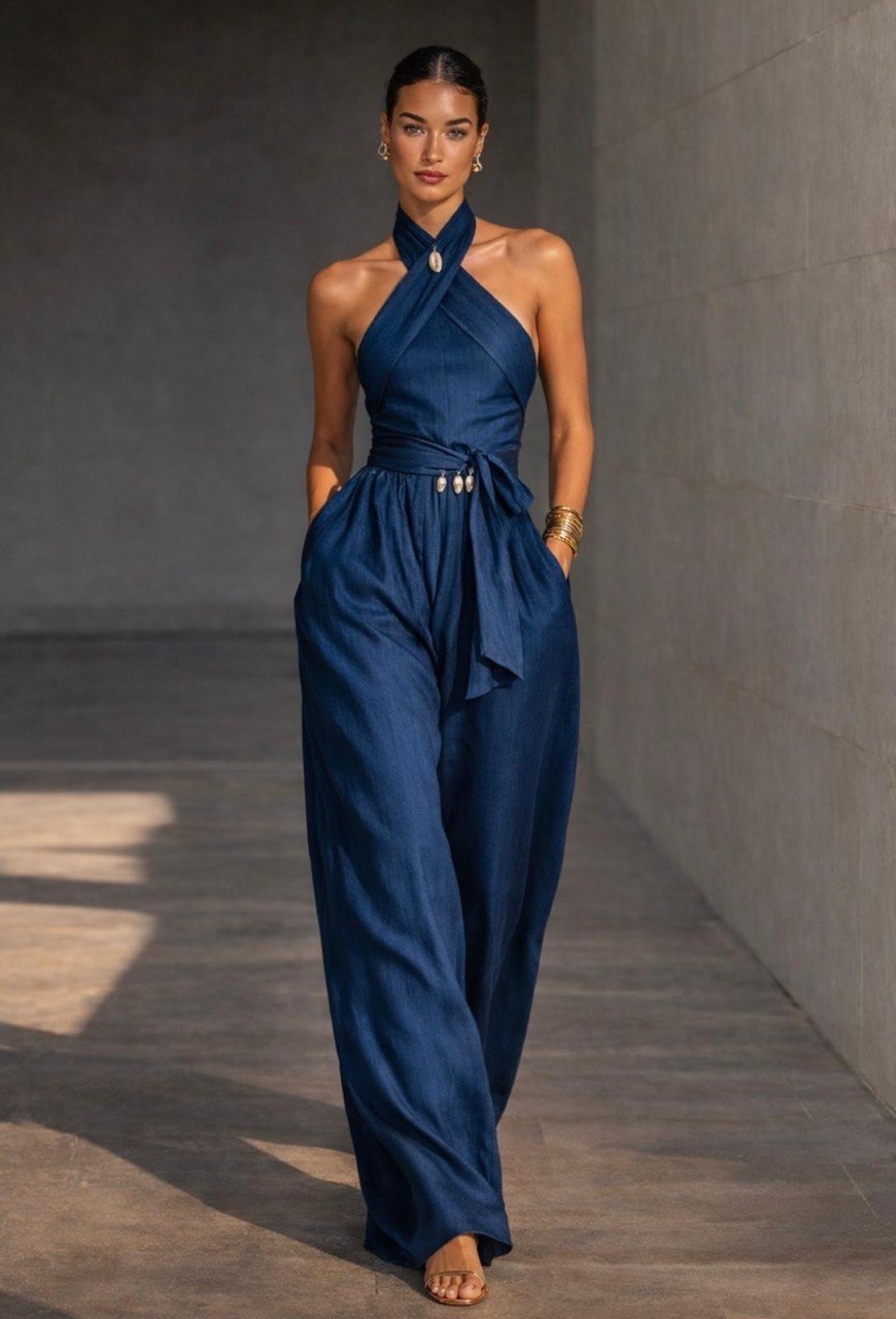 Indigo Halter Jumpsuit with Shell Accents | SAAHEL
