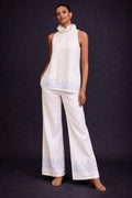 Off-White Linen Set with Sky-Blue Embroidery