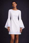 Off-White Linen Mini Dress with Sky-Blue Embroidery