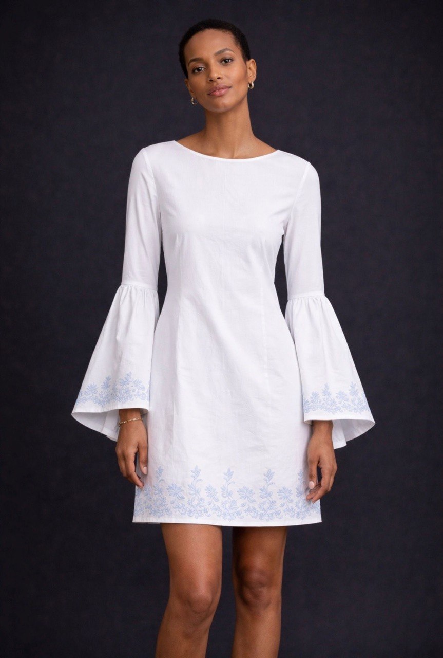 Off-White Linen Mini Dress with Sky-Blue Embroidery