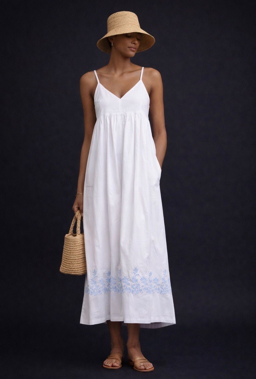 Off-White Linen Maxi Dress with Sky-Blue Embroidery
