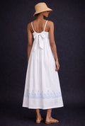 Off-White Linen Maxi Dress with Sky-Blue Embroidery