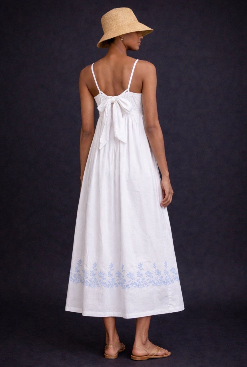 Off-White Linen Maxi Dress with Sky-Blue Embroidery