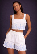 Off-White Linen Crop Set with Sky-Blue Embroidery