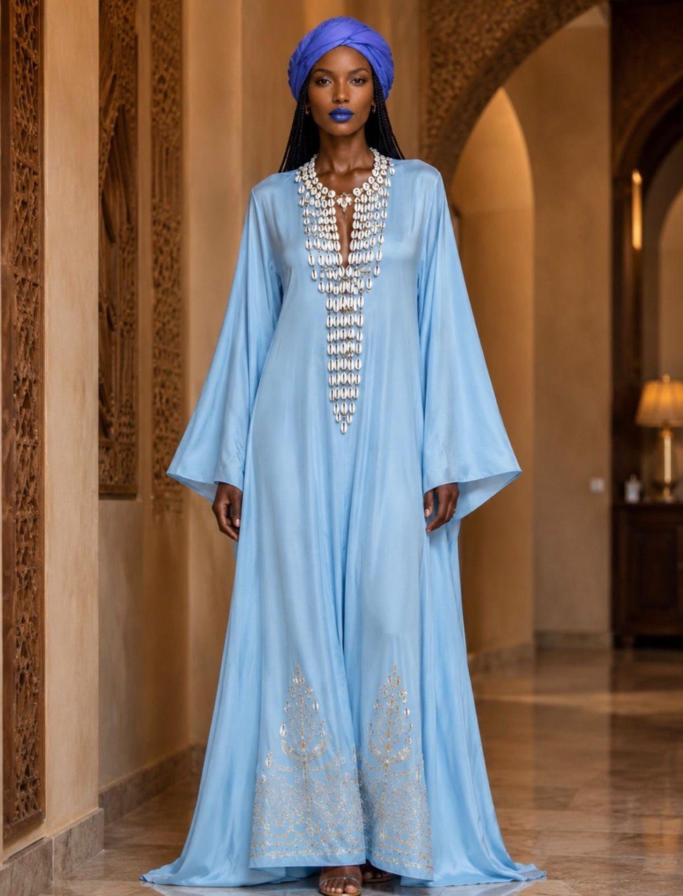 Sky Blue Linen Maxi Dress with Cowrie Details & Matching Head Scarf