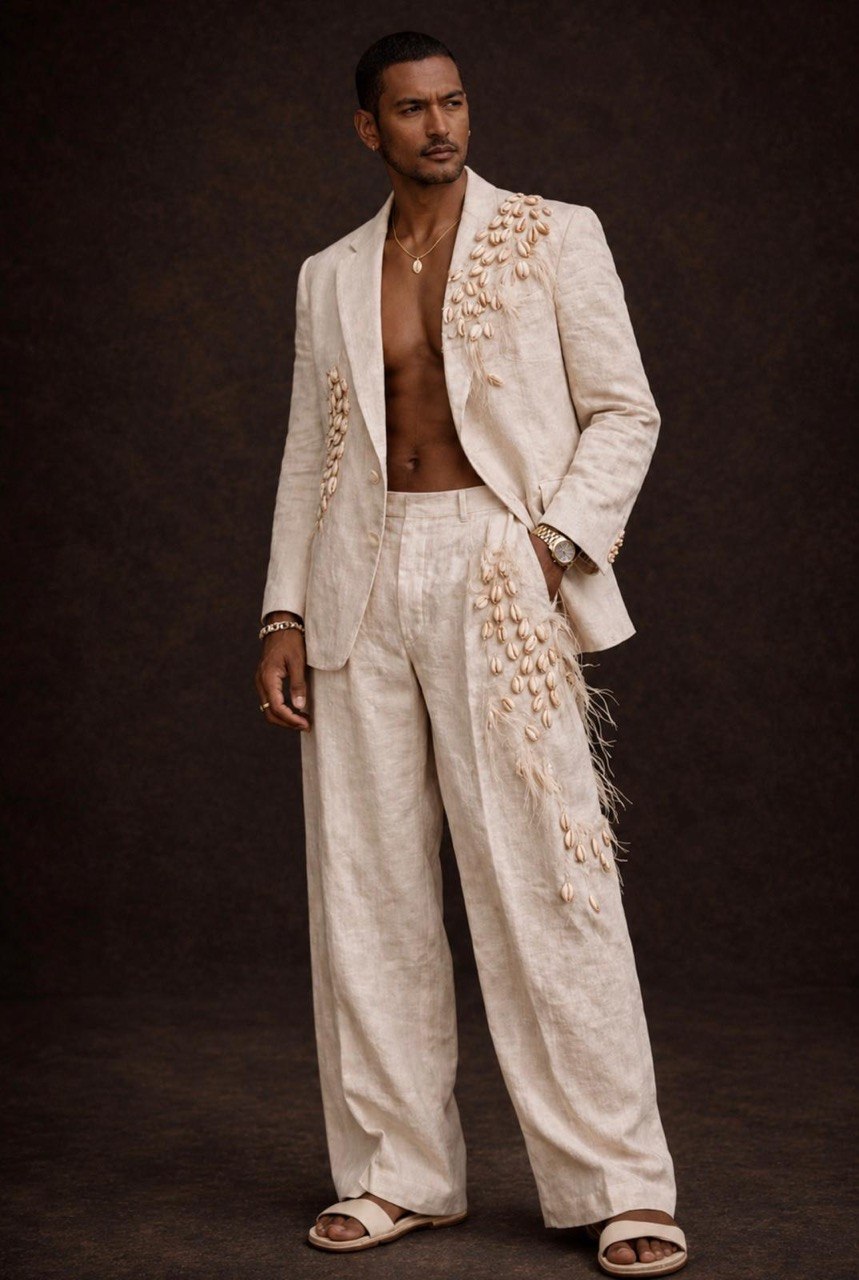 Linen Menswear Ensemble with Cowrie Shell & Feather Detailing