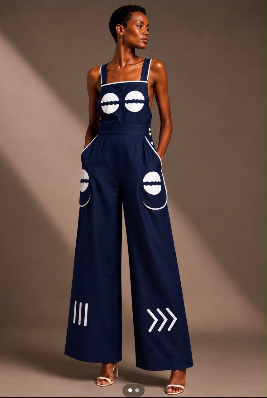 SAAHEL Navy Graphic Wide-Leg Jumpsuit