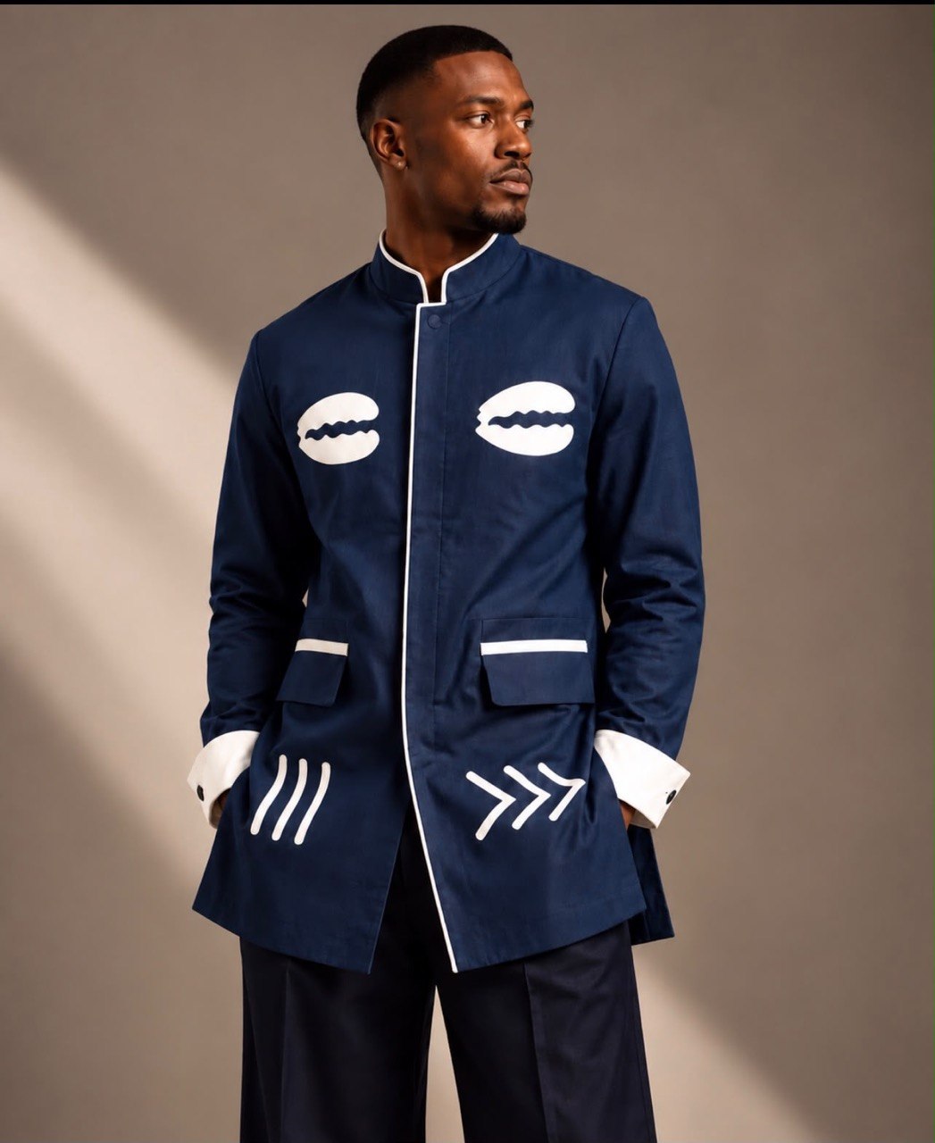 SAAHEL Navy Graphic Stand-Collar Jacket